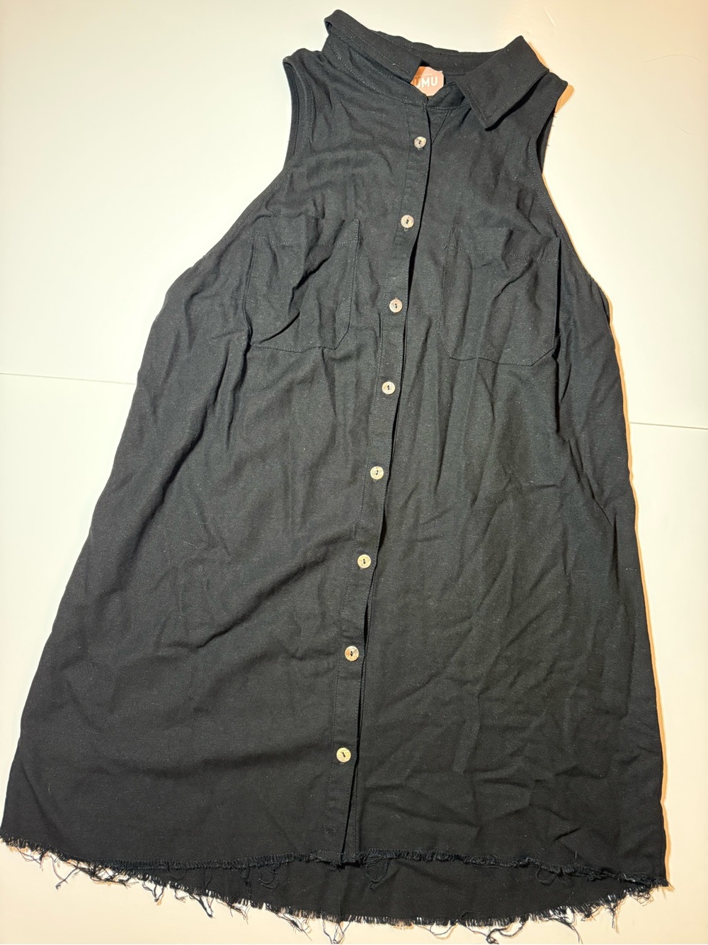 Show Me Your Mumu Basic Button Up Dress Black Linen Blend Womens L Raw Hem